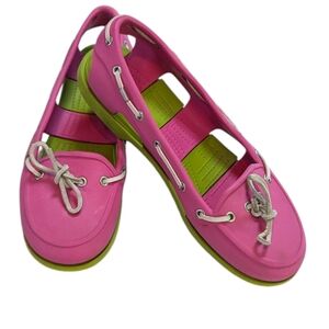 Crocs, Beach Line Pink And Green Boat Shoes. Size 9